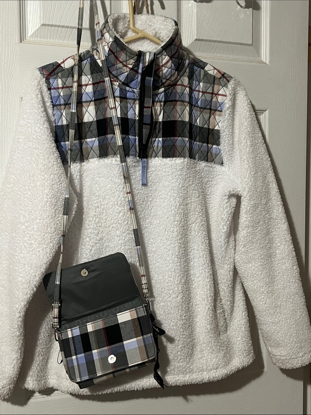 Vera Bradley White Sherpa Jacket with Plaid Light Blue Trim & matching crossbody
